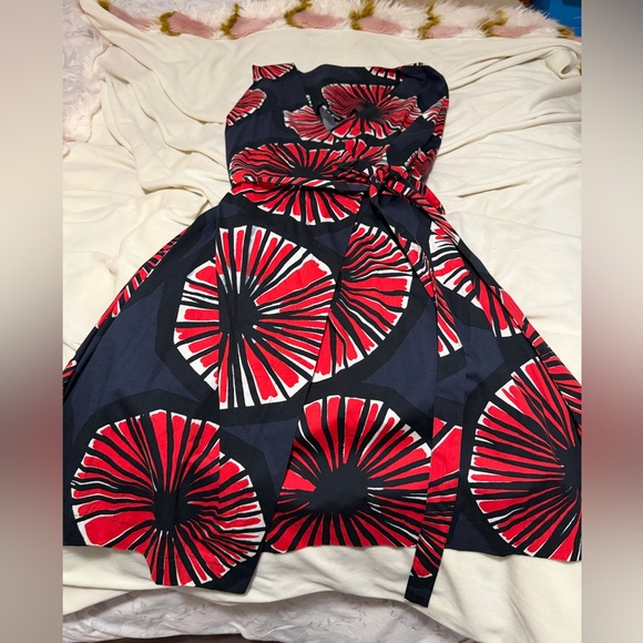 Marimekko Dresses & Skirts - Marimekko x Mika Piraines Navy Dress with Red & White Graphic Floral Print 36/8